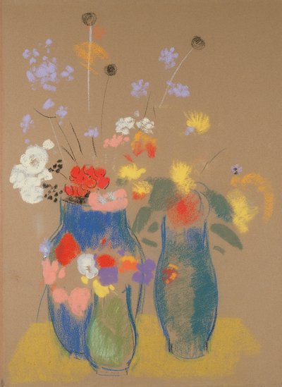 Drie Vazen met Bloemen, ca. 1908-10 door Odilon Redon